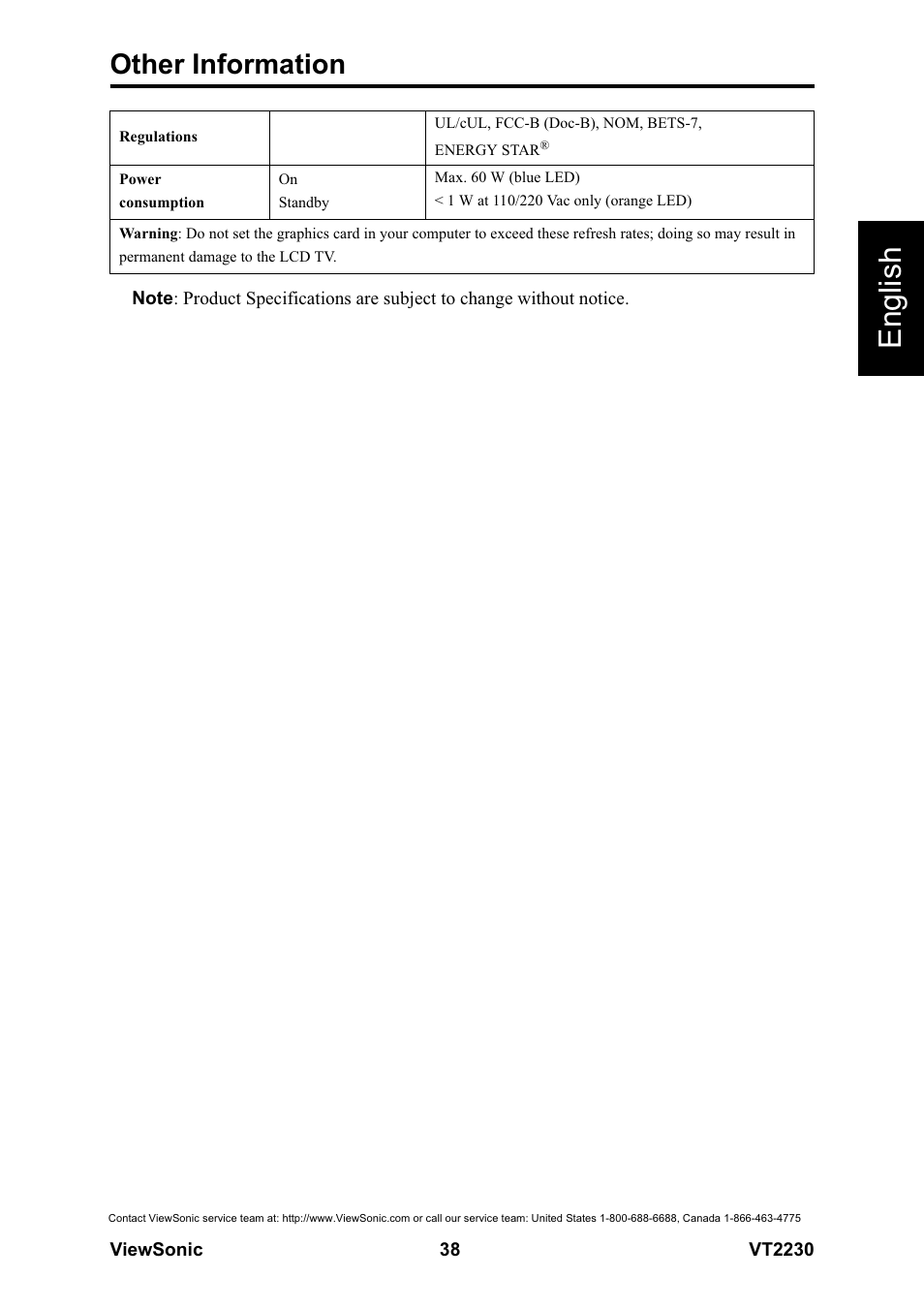 English, Other information | VIEWSONIC LCD TV VS12413 User Manual | Page 44 / 47