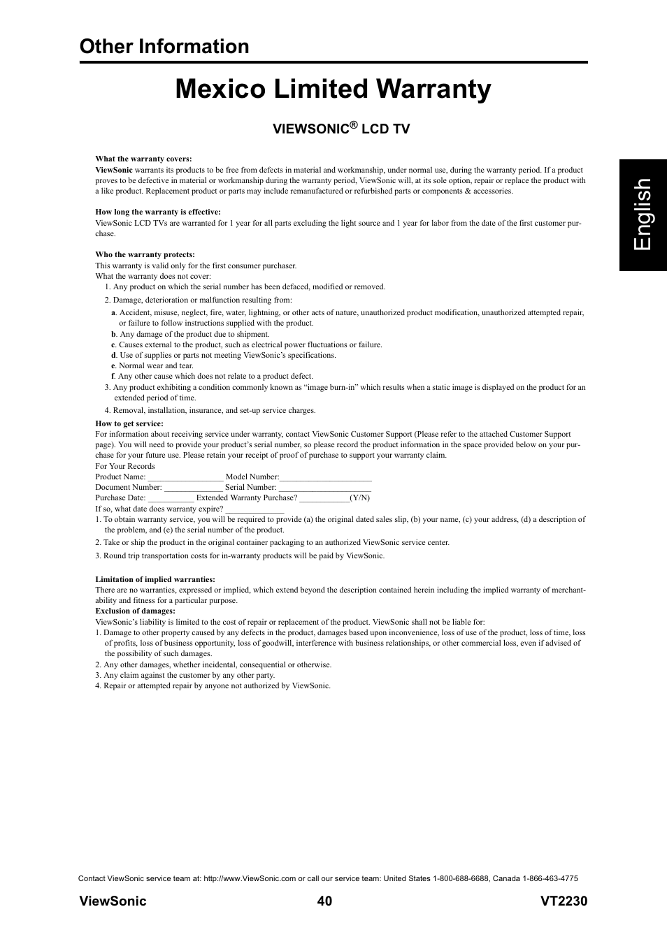 Mexico limited warranty, English, Other information | Viewsonic, Lcd tv | VIEWSONIC LCD TV VS12413 User Manual | Page 46 / 47