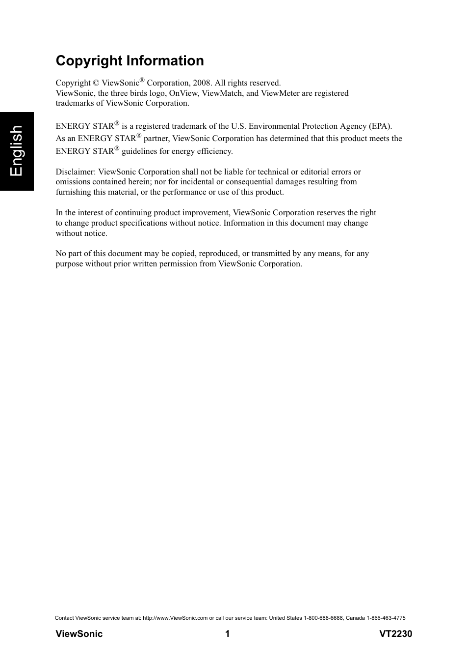 English, Copyright information | VIEWSONIC LCD TV VS12413 User Manual | Page 7 / 47