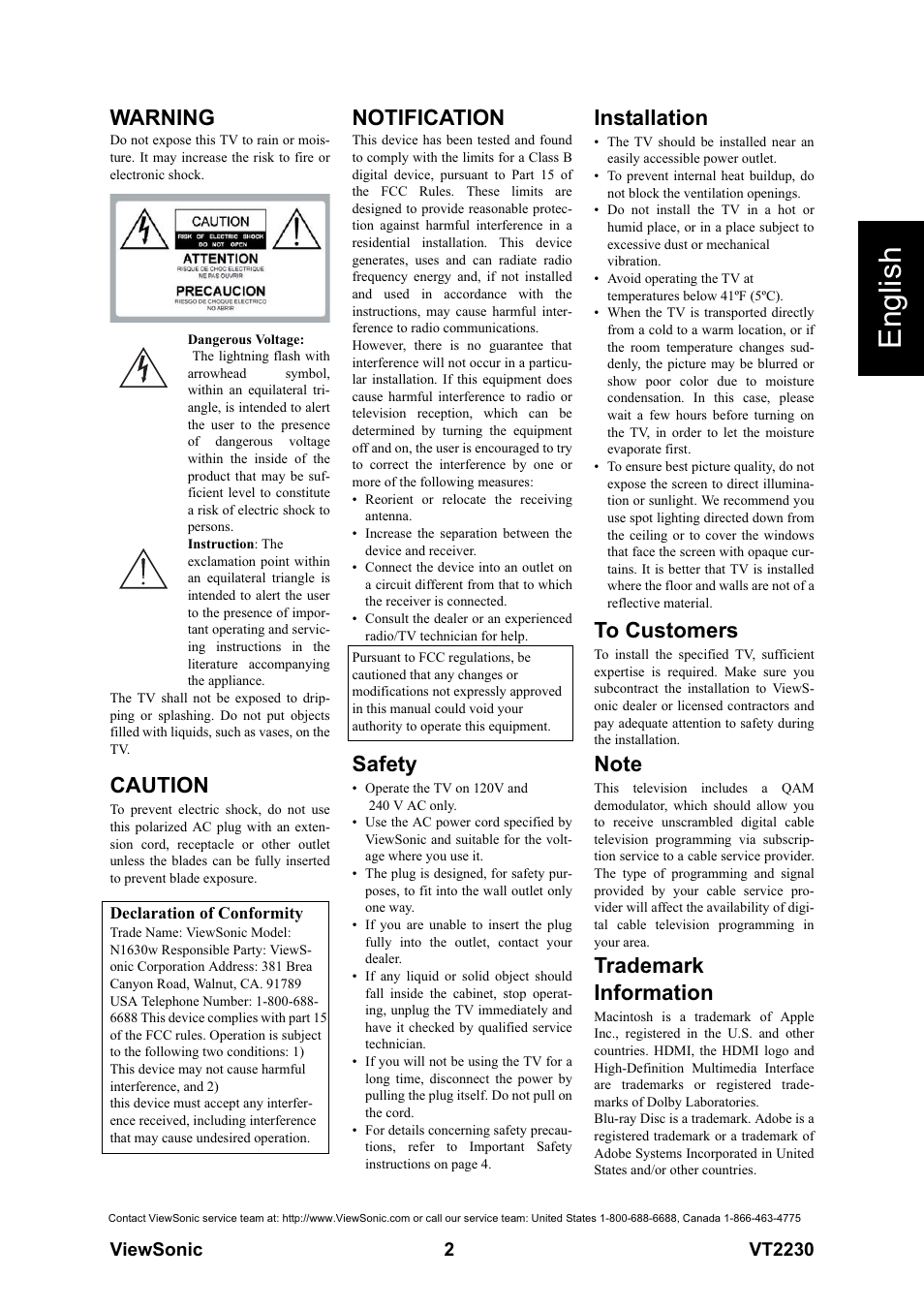 English, Warning, Caution | Notification, Safety, Installation, Trademark information | VIEWSONIC LCD TV VS12413 User Manual | Page 8 / 47
