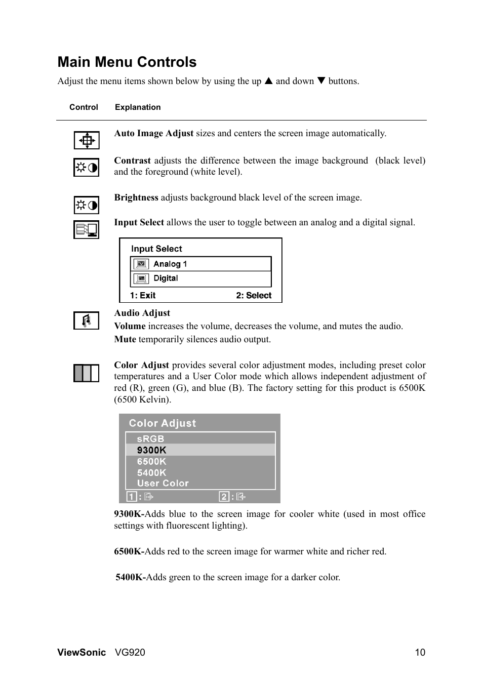 Main menu controls | VIEWSONIC VS10790 User Manual | Page 13 / 22