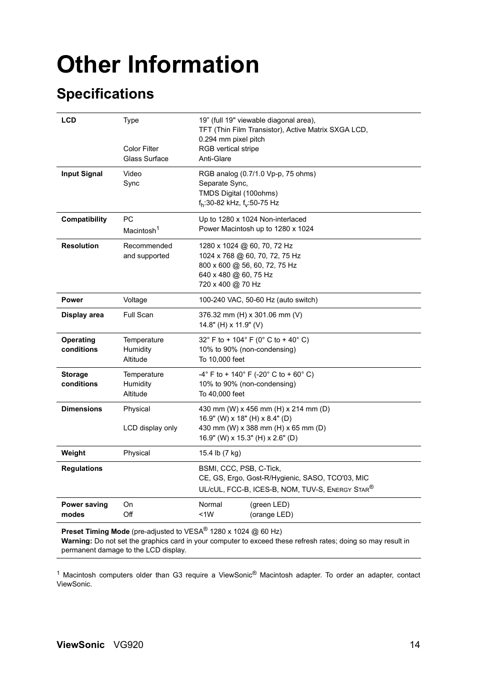 Other information, Specifications | VIEWSONIC VS10790 User Manual | Page 17 / 22