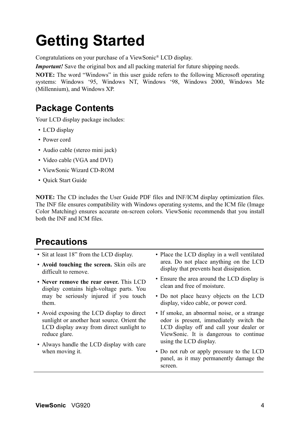 Getting started, Package contents, Precautions | VIEWSONIC VS10790 User Manual | Page 7 / 22