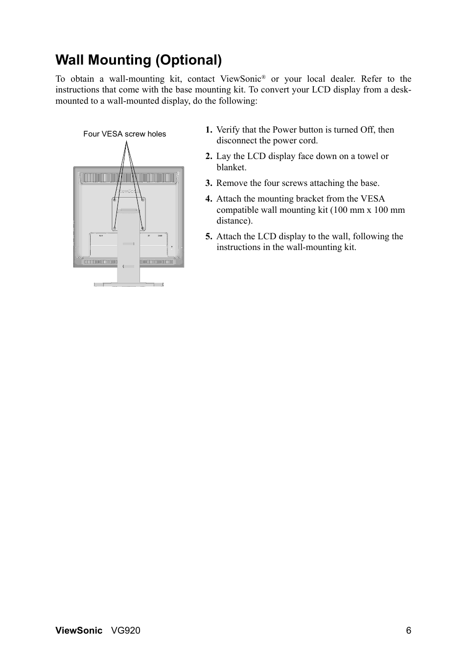 Wall mounting (optional) | VIEWSONIC VS10790 User Manual | Page 9 / 22