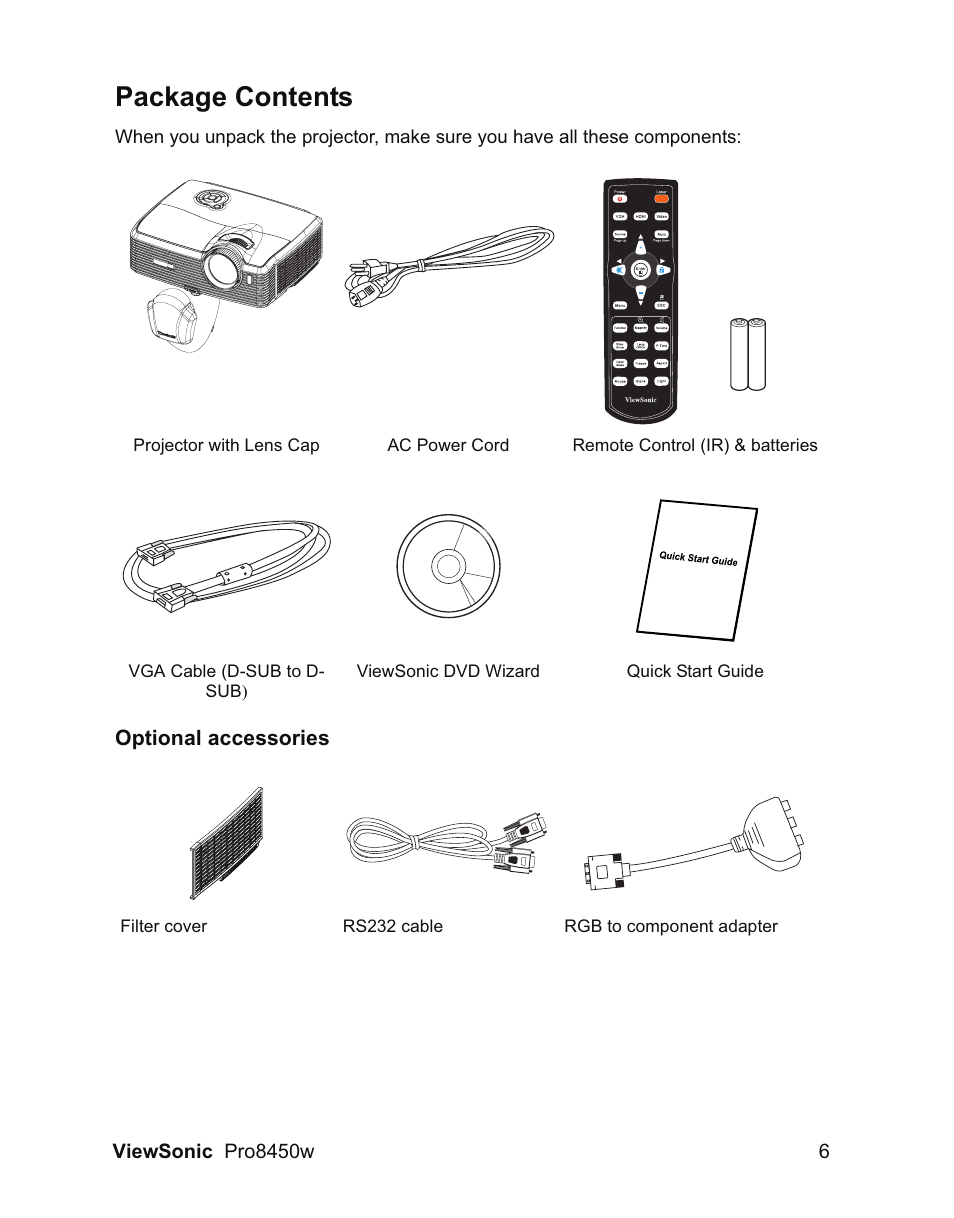 Package contents | VIEWSONIC PRO8450W VS13646 User Manual | Page 10 / 79