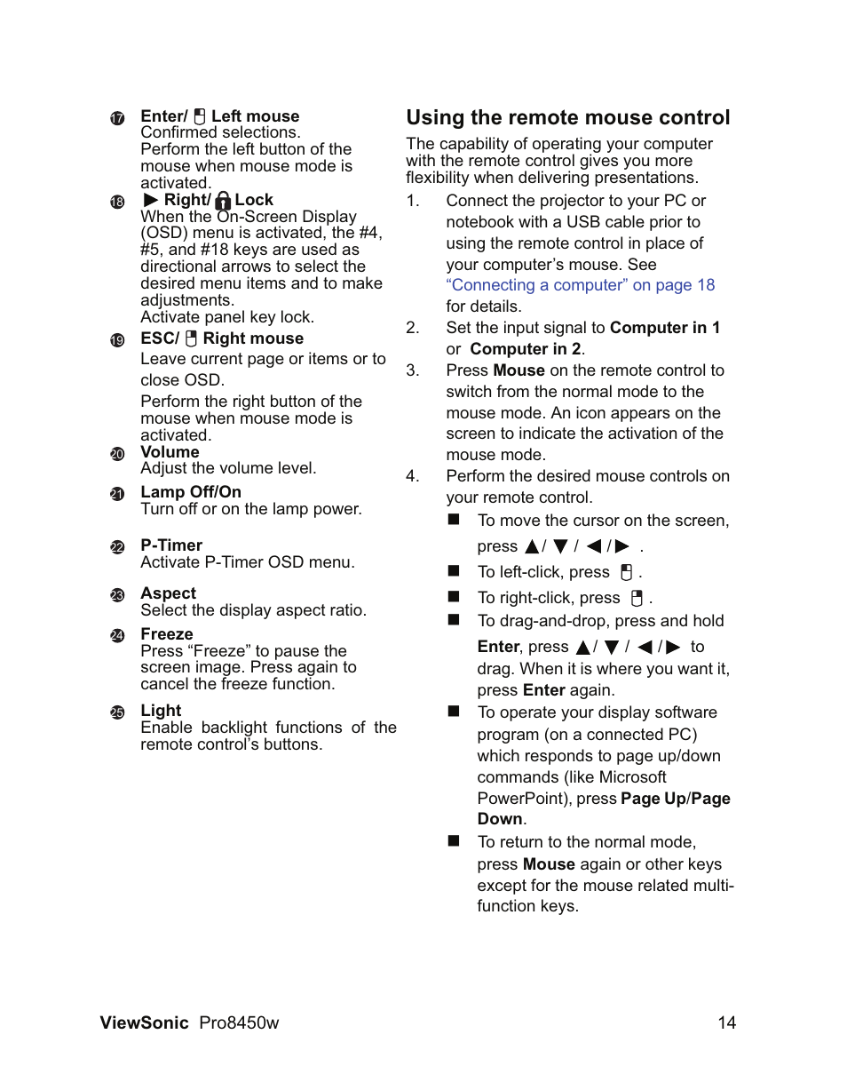 Using the remote mouse control | VIEWSONIC PRO8450W VS13646 User Manual | Page 18 / 79