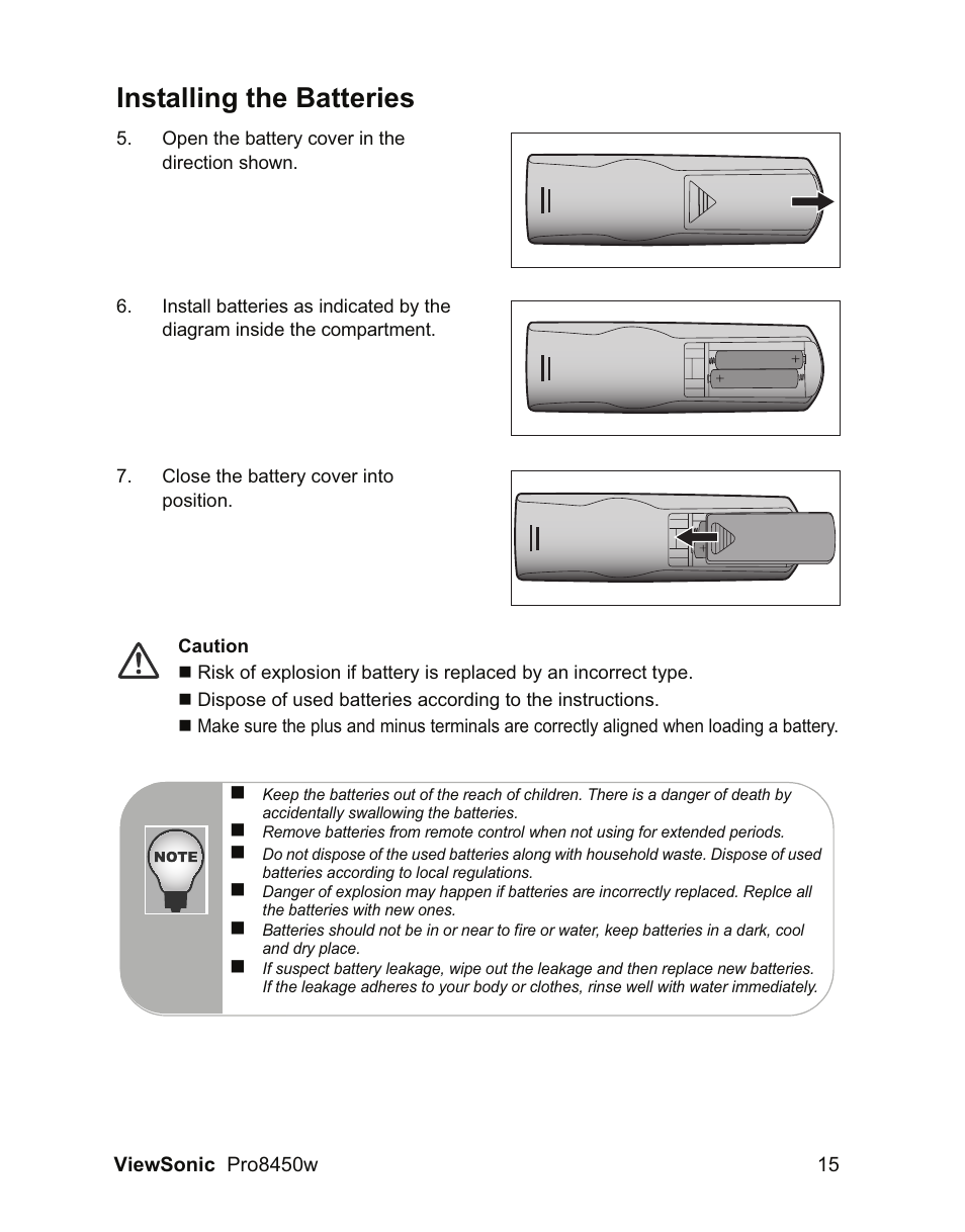 Installing the batteries | VIEWSONIC PRO8450W VS13646 User Manual | Page 19 / 79