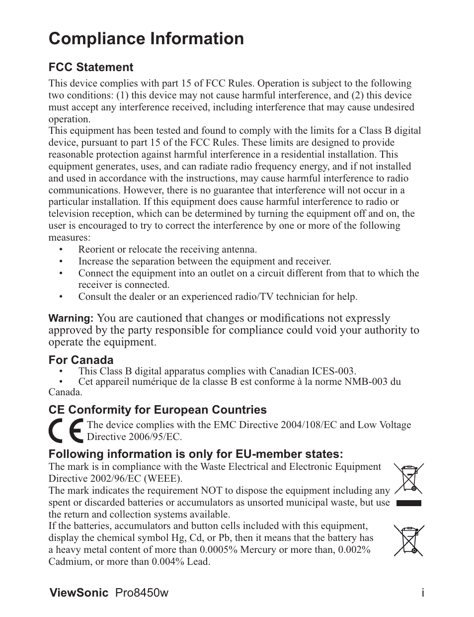 Compliance information | VIEWSONIC PRO8450W VS13646 User Manual | Page 2 / 79