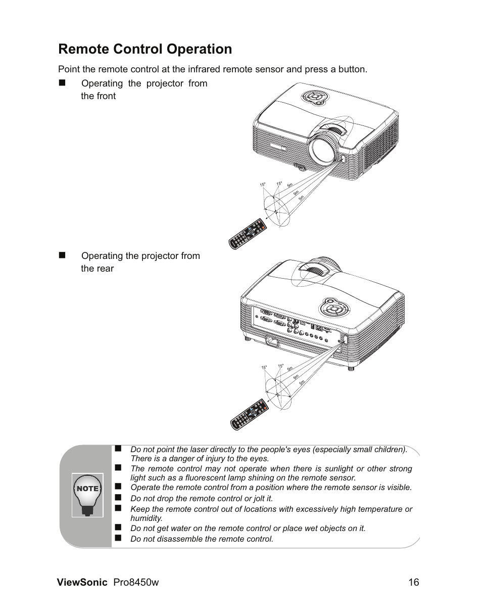 Remote control operation | VIEWSONIC PRO8450W VS13646 User Manual | Page 20 / 79