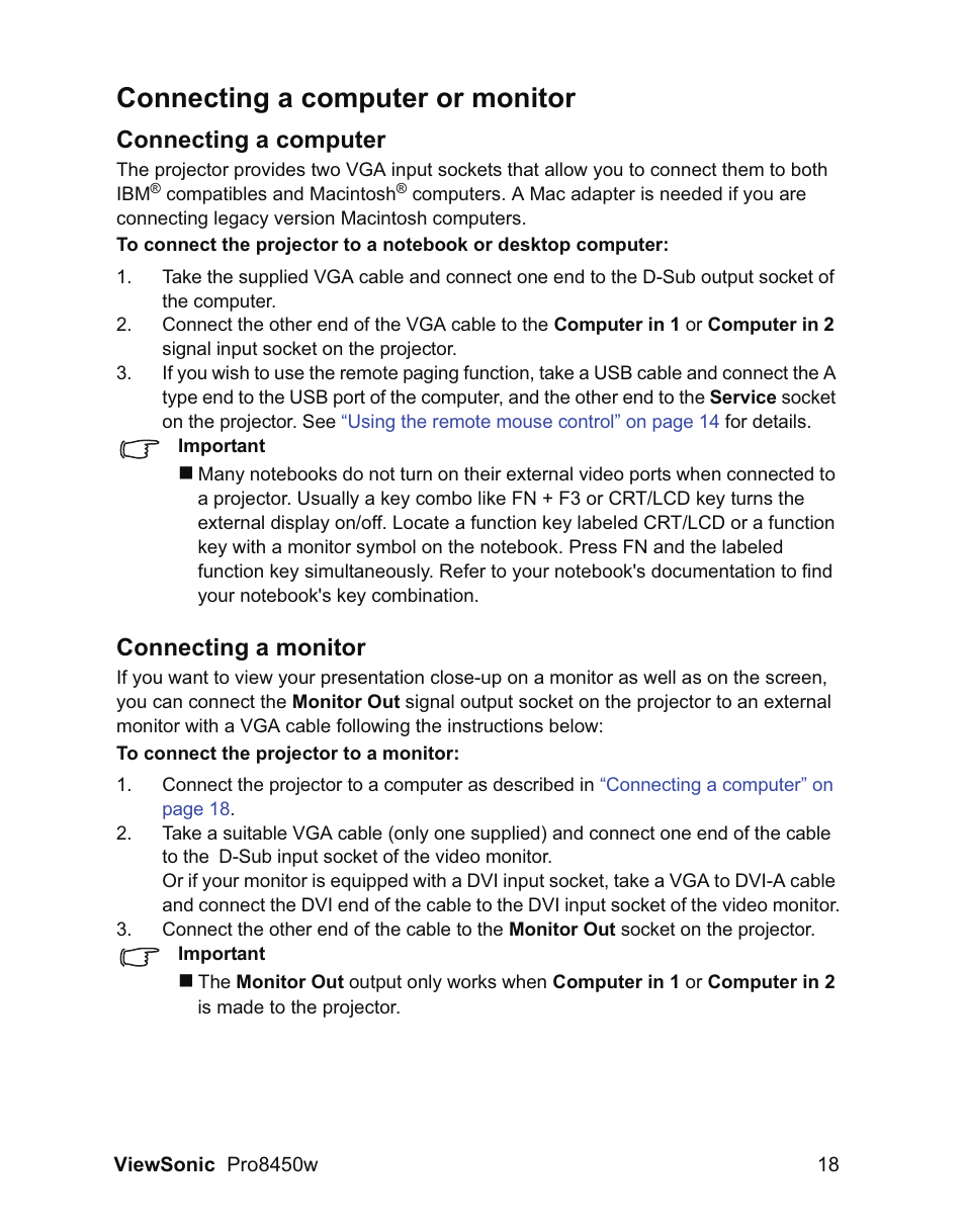 Connecting a computer or monitor, Connecting a computer, Connecting a monitor | VIEWSONIC PRO8450W VS13646 User Manual | Page 22 / 79