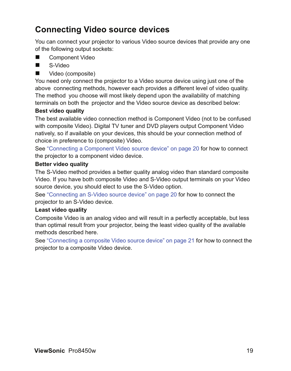 Connecting video source devices | VIEWSONIC PRO8450W VS13646 User Manual | Page 23 / 79