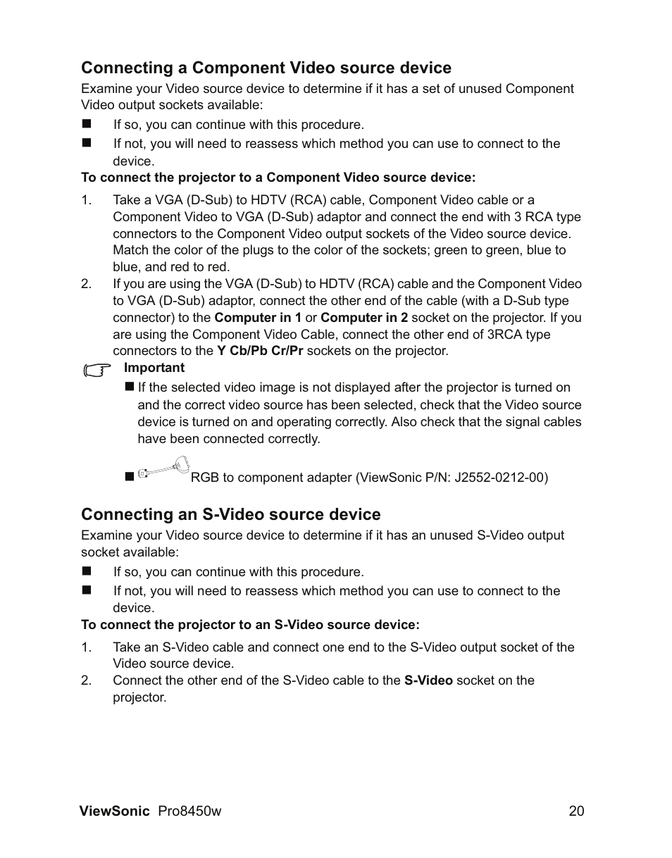 Connecting a component video source device, Connecting an s-video source device | VIEWSONIC PRO8450W VS13646 User Manual | Page 24 / 79