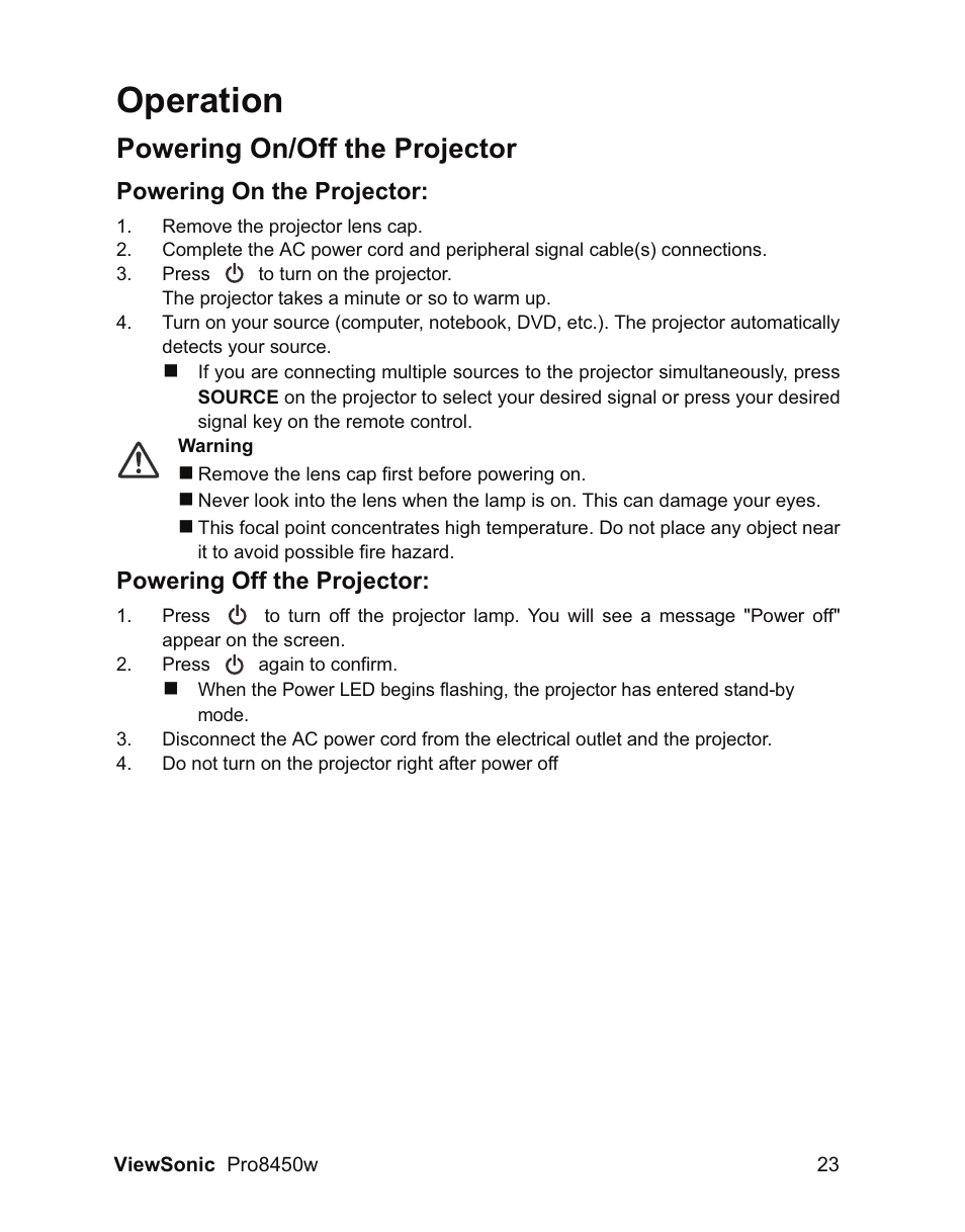 Operation, Powering on/off the projector, Powering on the projector | Powering off the projector | VIEWSONIC PRO8450W VS13646 User Manual | Page 27 / 79