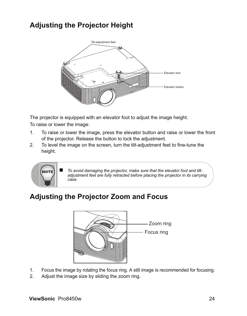 Adjusting the projector height, Adjusting the projector zoom and focus | VIEWSONIC PRO8450W VS13646 User Manual | Page 28 / 79