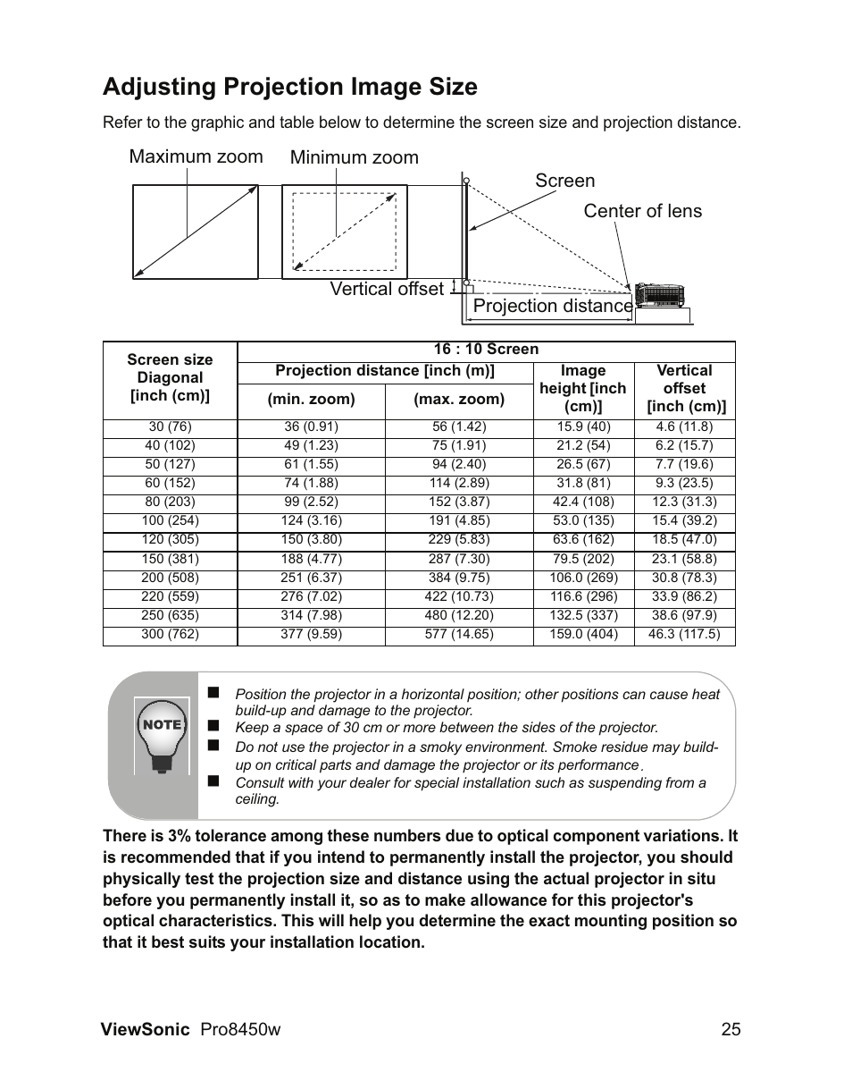 Adjusting projection image size | VIEWSONIC PRO8450W VS13646 User Manual | Page 29 / 79