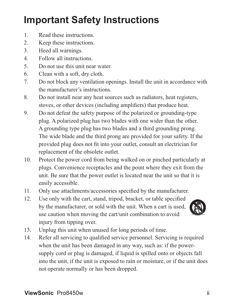 Important safety instructions | VIEWSONIC PRO8450W VS13646 User Manual | Page 3 / 79