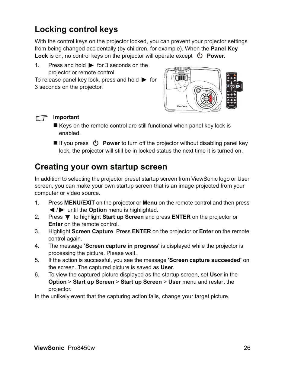 Locking control keys, Creating your own startup screen | VIEWSONIC PRO8450W VS13646 User Manual | Page 30 / 79