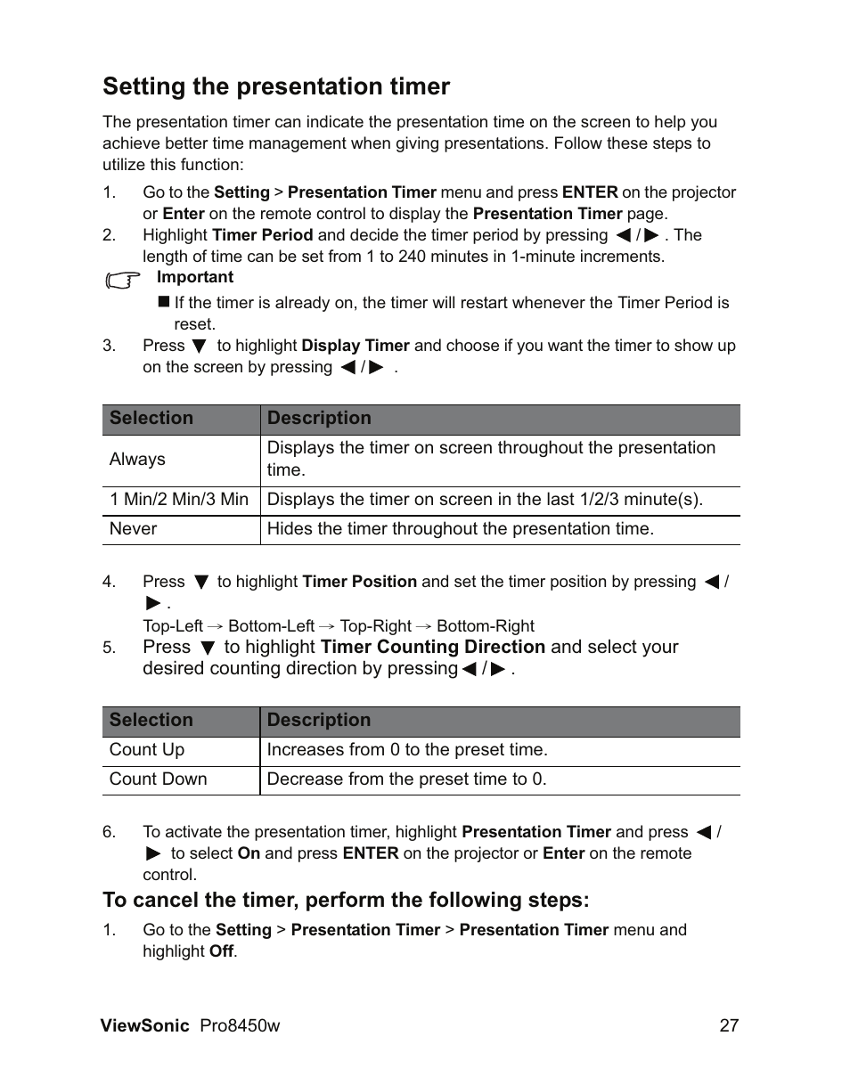 Setting the presentation timer | VIEWSONIC PRO8450W VS13646 User Manual | Page 31 / 79