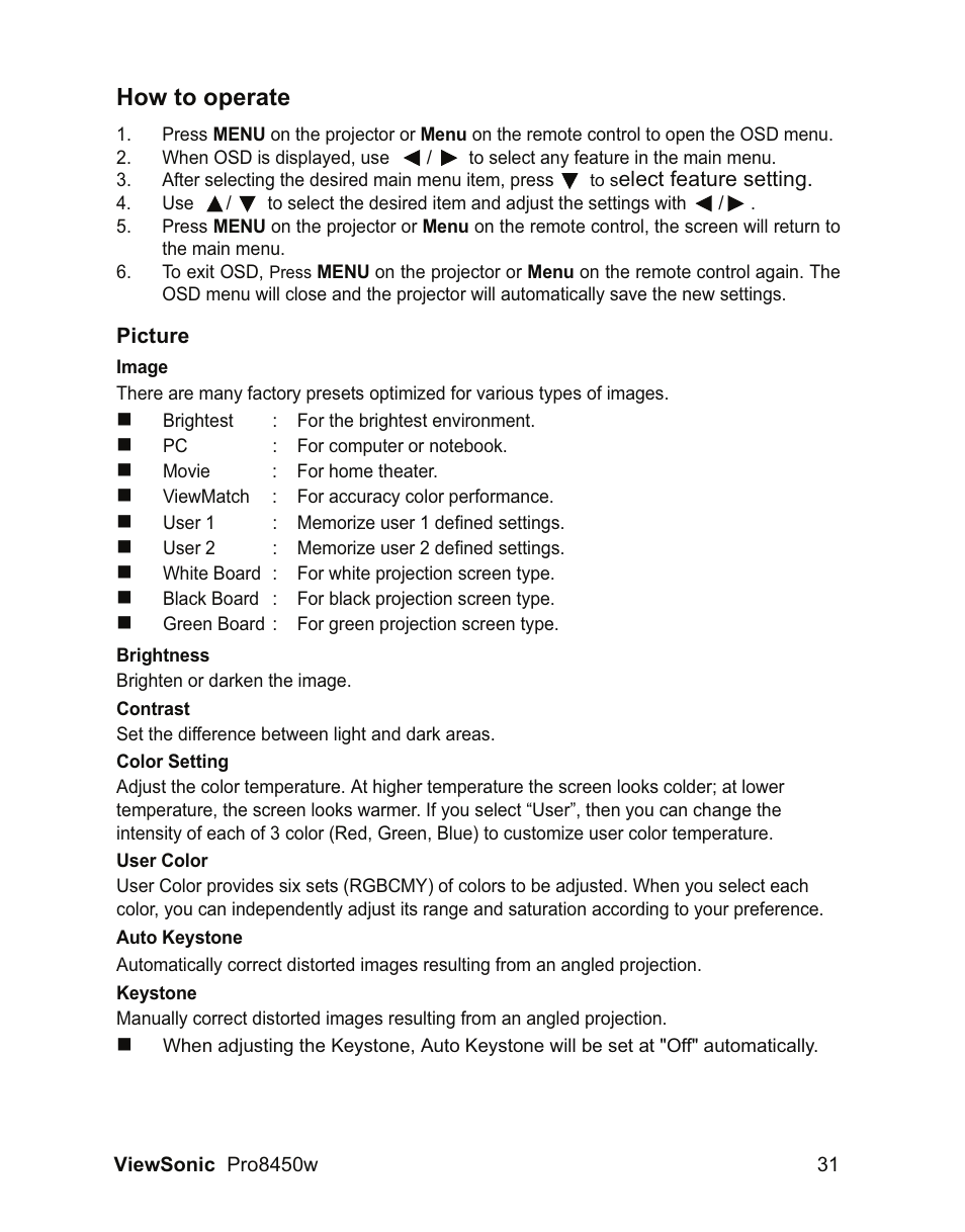 How to operate | VIEWSONIC PRO8450W VS13646 User Manual | Page 35 / 79