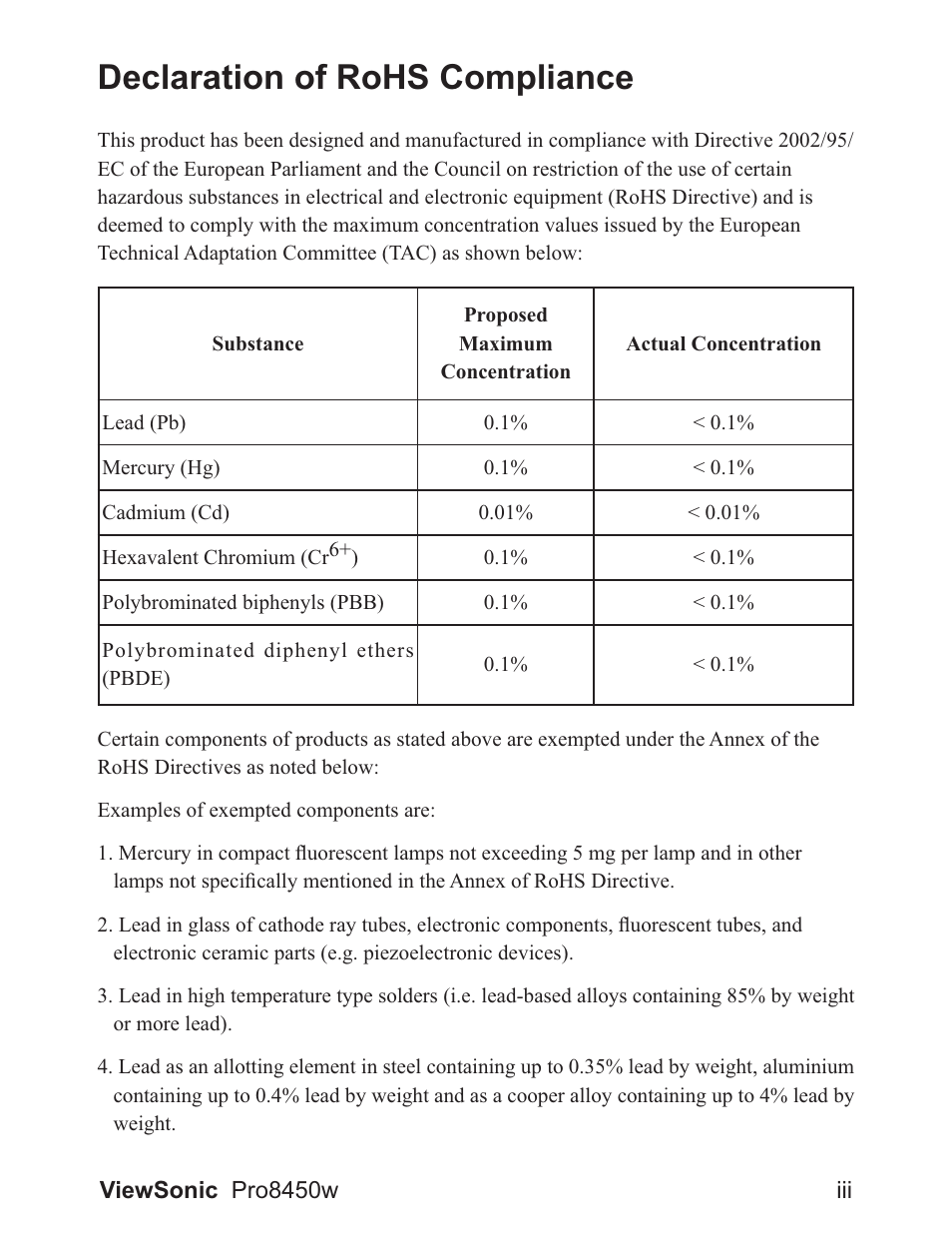 Declaration of rohs compliance | VIEWSONIC PRO8450W VS13646 User Manual | Page 4 / 79