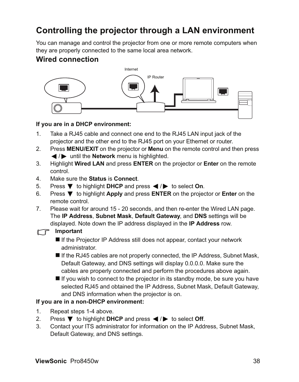 Wired connection | VIEWSONIC PRO8450W VS13646 User Manual | Page 42 / 79