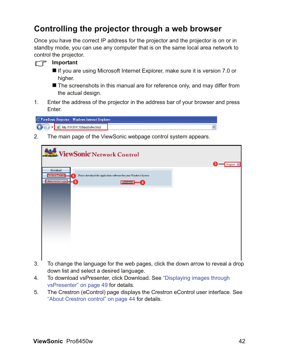 Controlling the projector through a web browser | VIEWSONIC PRO8450W VS13646 User Manual | Page 46 / 79