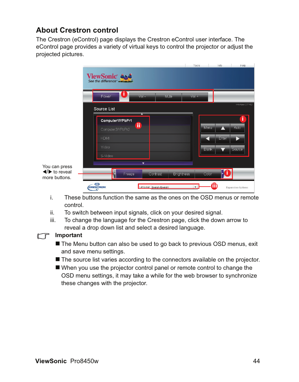 About crestron control | VIEWSONIC PRO8450W VS13646 User Manual | Page 48 / 79