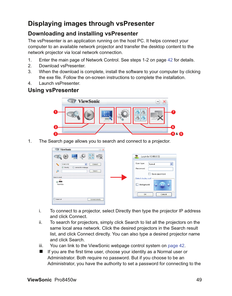 Displaying images through vspresenter, Downloading and installing vspresenter, Using vspresenter | VIEWSONIC PRO8450W VS13646 User Manual | Page 53 / 79