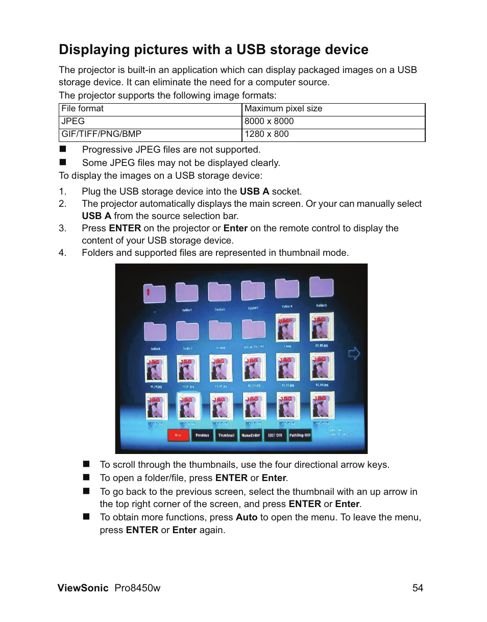 Displaying pictures with a usb storage device | VIEWSONIC PRO8450W VS13646 User Manual | Page 58 / 79