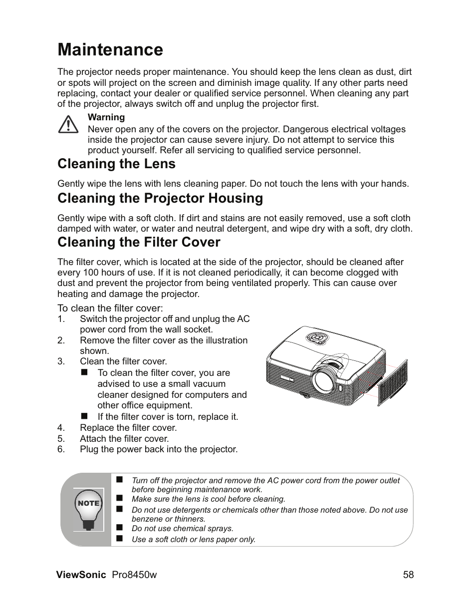 Maintenance, Cleaning the lens, Cleaning the projector housing | Cleaning the filter cover | VIEWSONIC PRO8450W VS13646 User Manual | Page 62 / 79