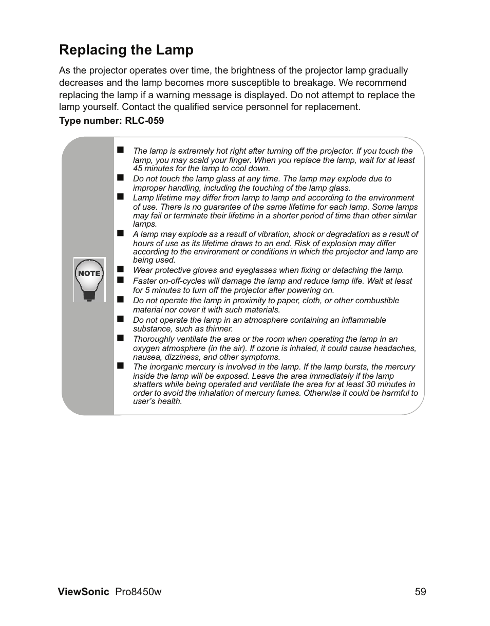 Replacing the lamp | VIEWSONIC PRO8450W VS13646 User Manual | Page 63 / 79