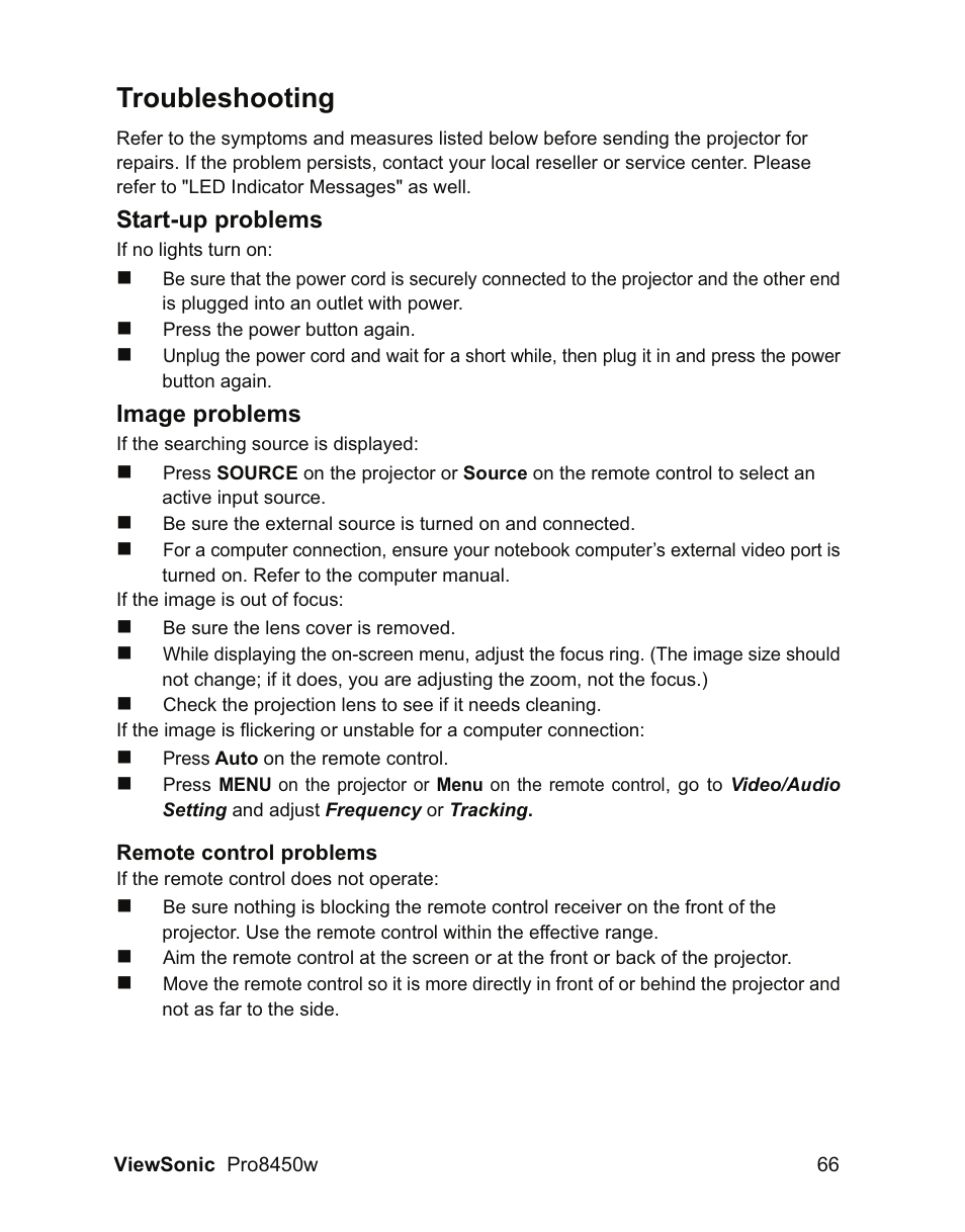 Troubleshooting, Start-up problems, Image problems | VIEWSONIC PRO8450W VS13646 User Manual | Page 70 / 79