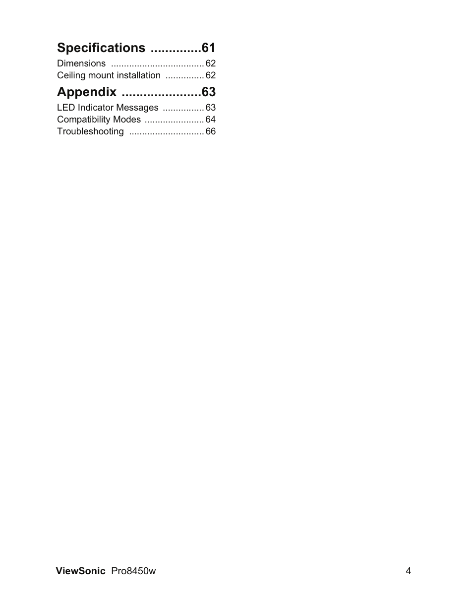 Specifications, Appendix | VIEWSONIC PRO8450W VS13646 User Manual | Page 8 / 79