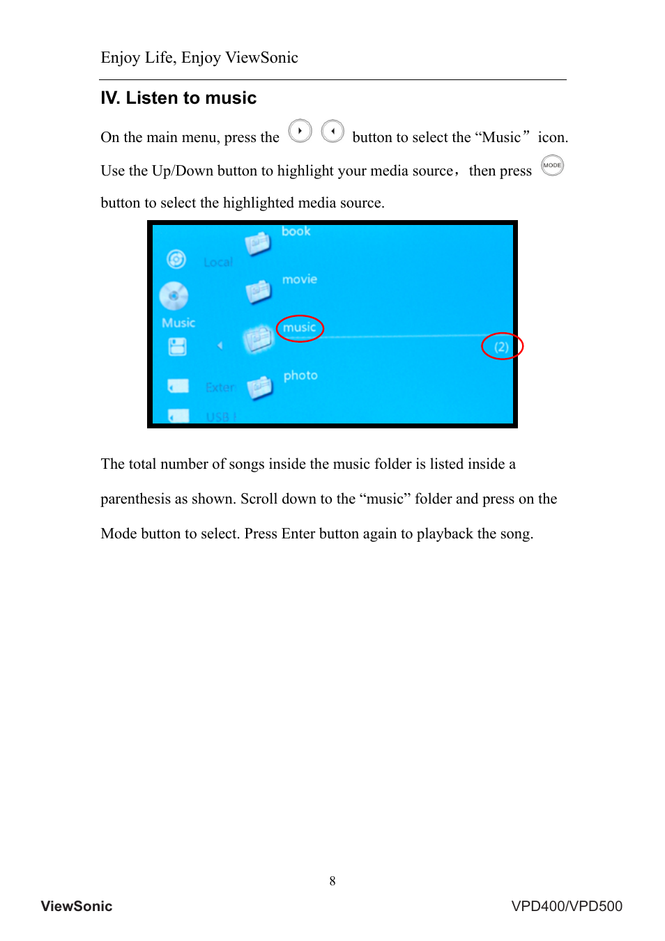 Iv. listen to music, Enjoy life, enjoy viewsonic | VIEWSONIC VS12835 User Manual | Page 12 / 49