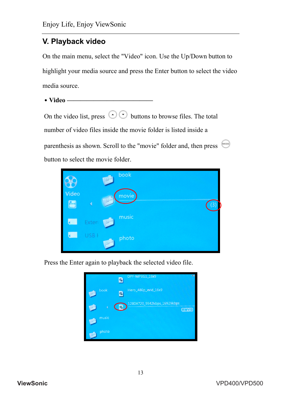 V. playback video, Enjoy life, enjoy viewsonic, Button to select the movie folder | VIEWSONIC VS12835 User Manual | Page 17 / 49