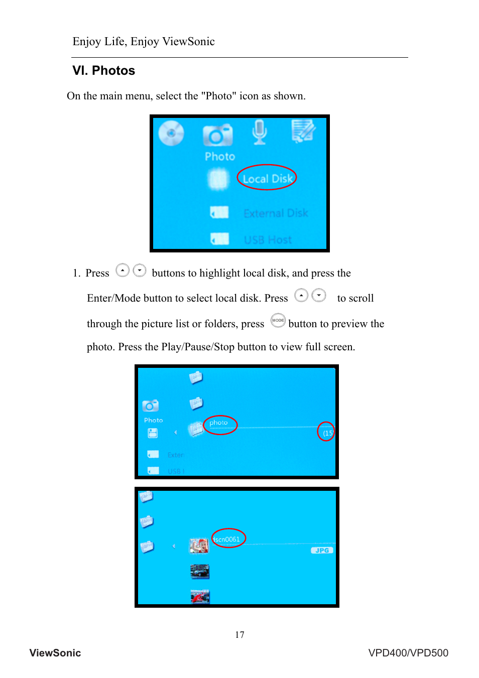 Vi. photos, Enjoy life, enjoy viewsonic | VIEWSONIC VS12835 User Manual | Page 21 / 49