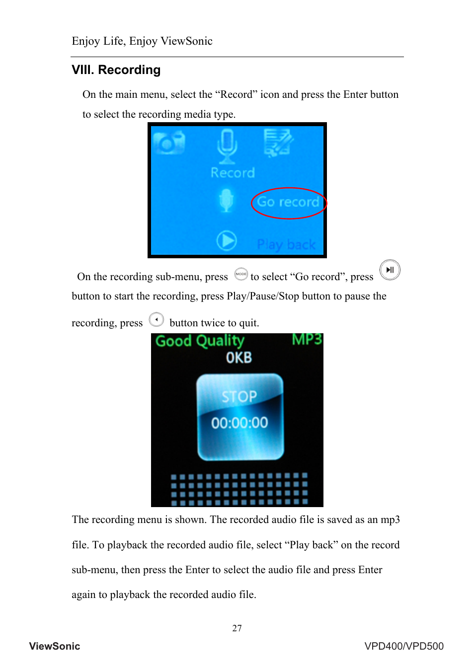 Viii. recording | VIEWSONIC VS12835 User Manual | Page 31 / 49