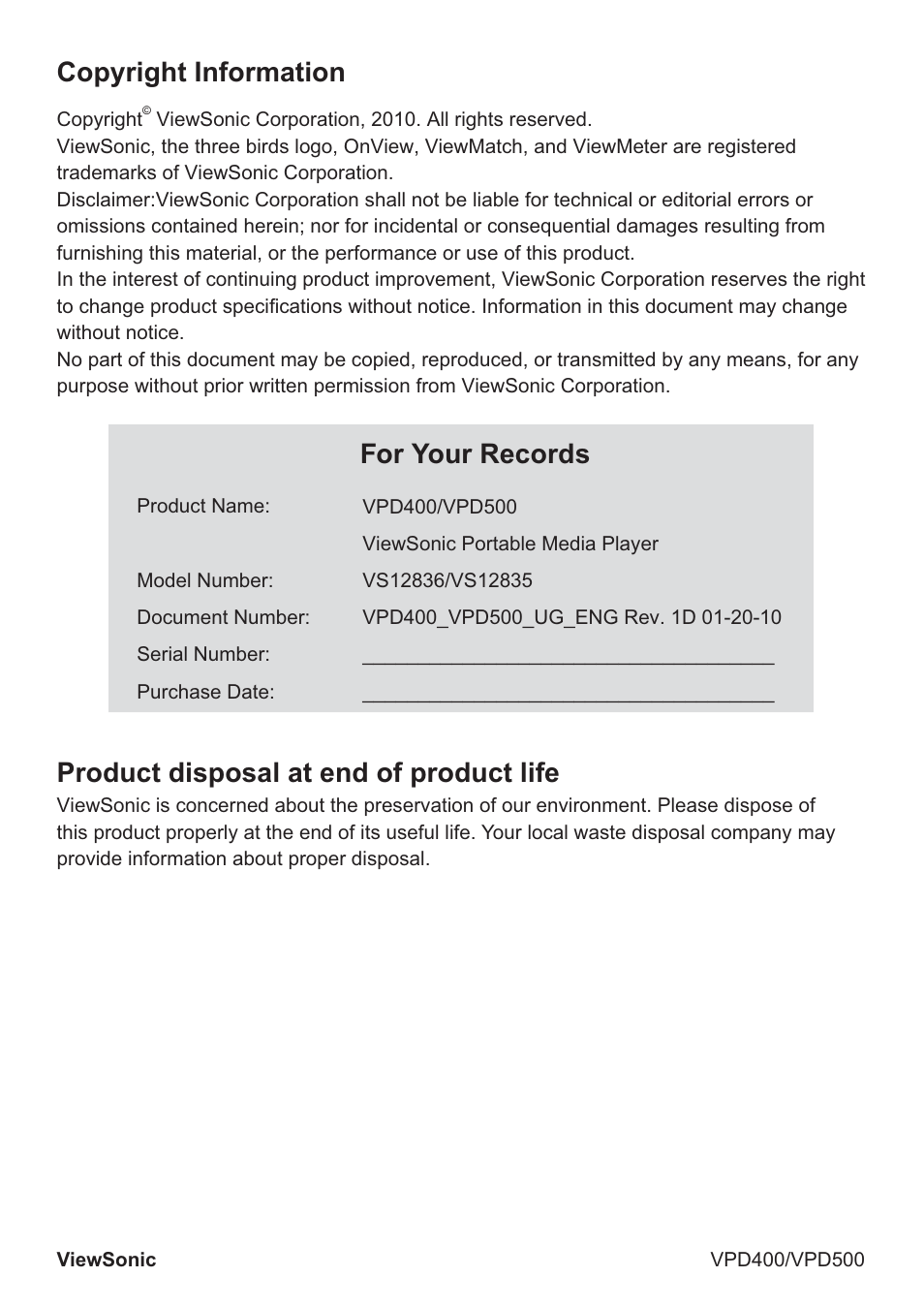 Copyright information, For your records, Product disposal at end of product life | VIEWSONIC VS12835 User Manual | Page 4 / 49