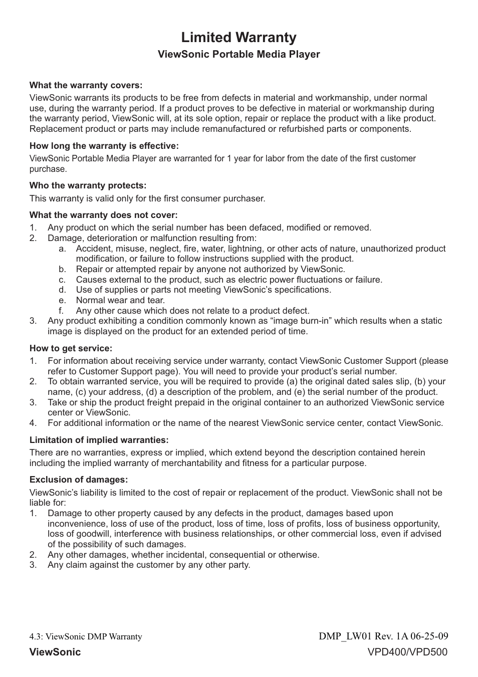 Limited warranty | VIEWSONIC VS12835 User Manual | Page 46 / 49