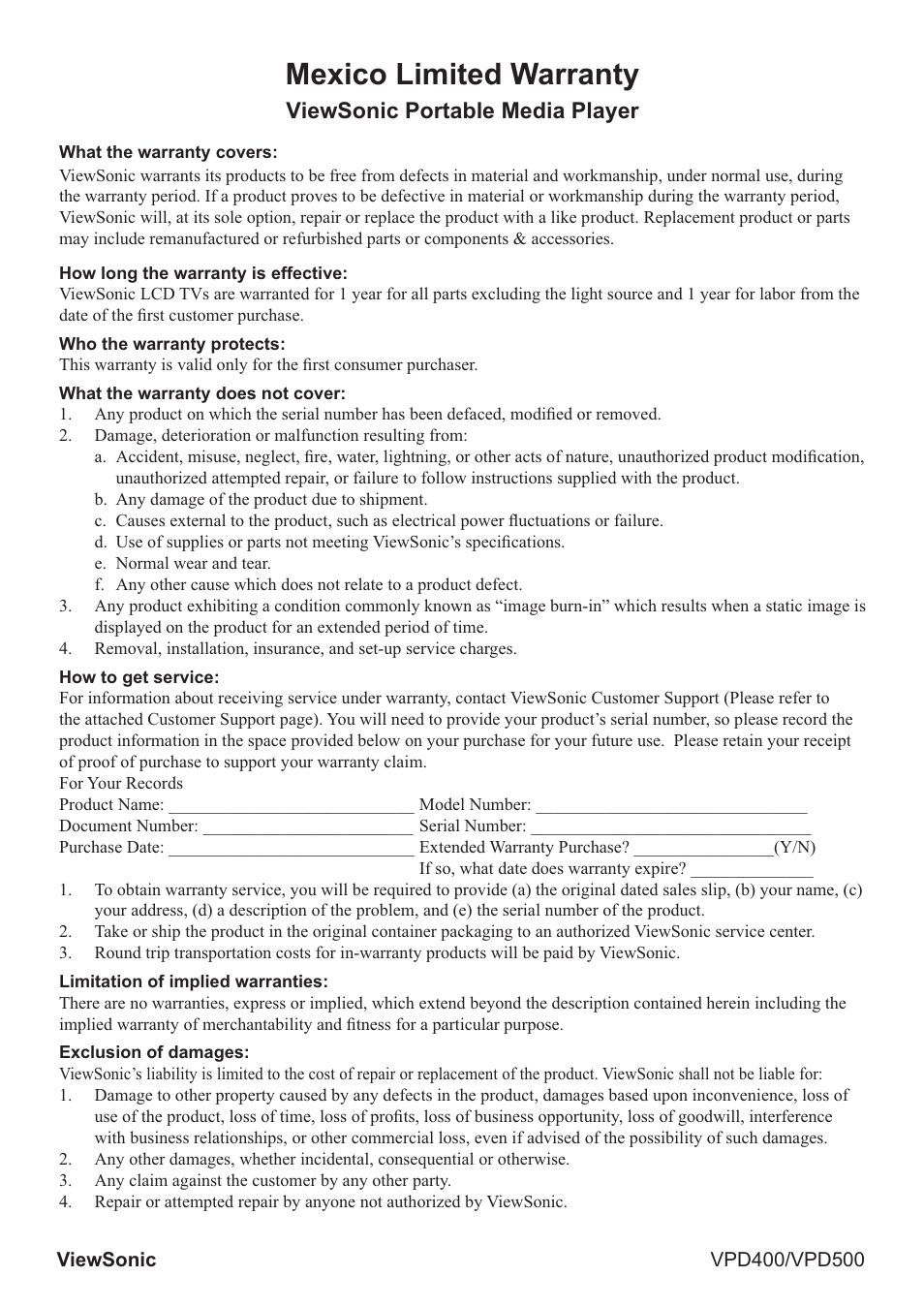 Mexico limited warranty, Viewsonic portable media player | VIEWSONIC VS12835 User Manual | Page 47 / 49