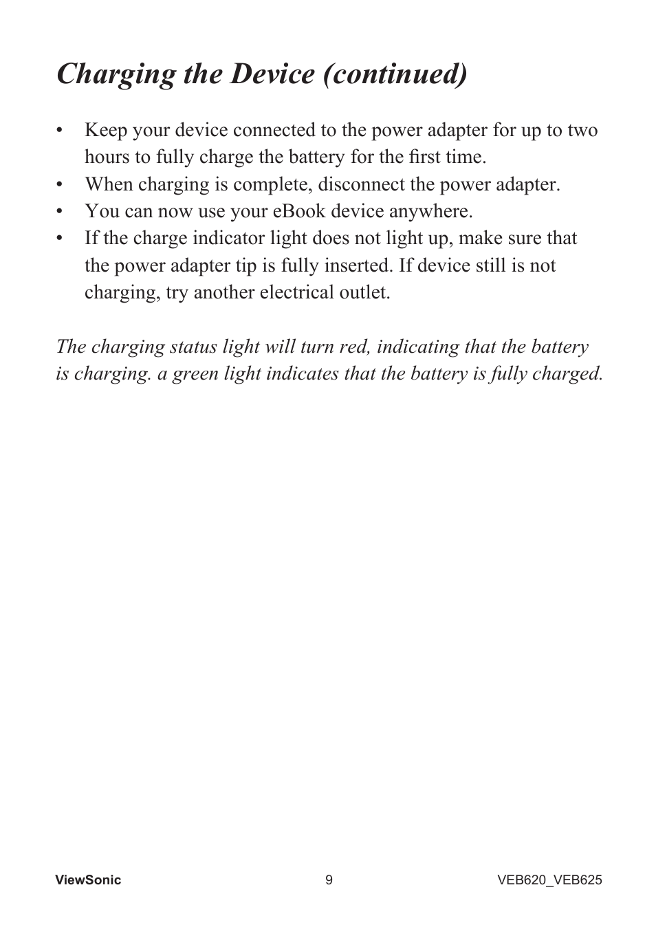 Charging the device (continued) | VIEWSONIC EBOOK VS13394 User Manual | Page 11 / 49