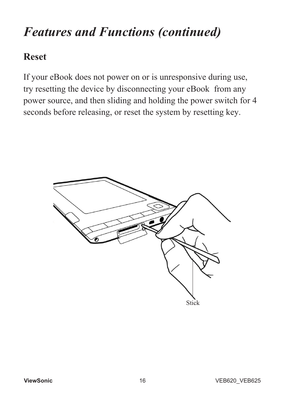 Features and functions (continued), Reset | VIEWSONIC EBOOK VS13394 User Manual | Page 18 / 49
