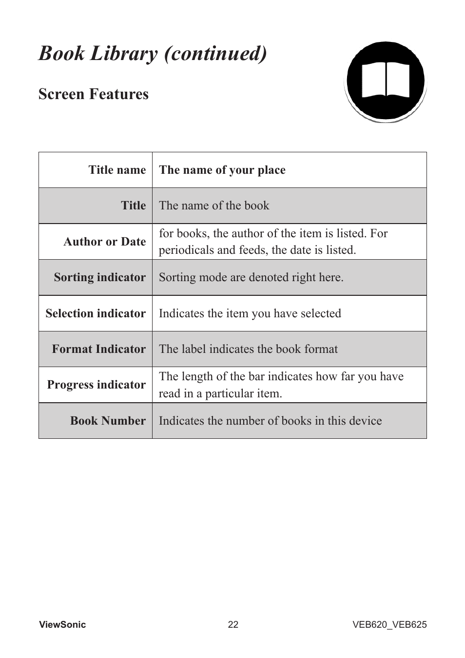 Book library, Continued), Screen features | VIEWSONIC EBOOK VS13394 User Manual | Page 24 / 49