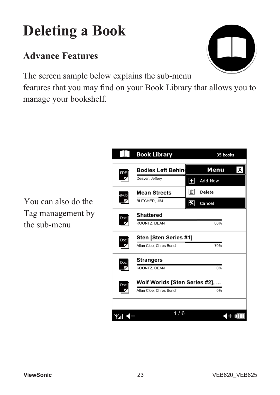 Deleting a book | VIEWSONIC EBOOK VS13394 User Manual | Page 25 / 49