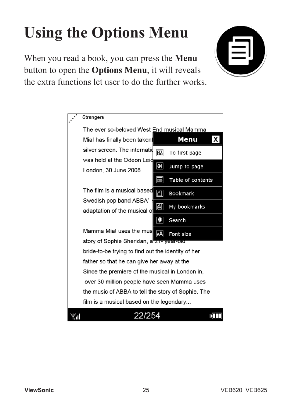Using the options menu | VIEWSONIC EBOOK VS13394 User Manual | Page 27 / 49