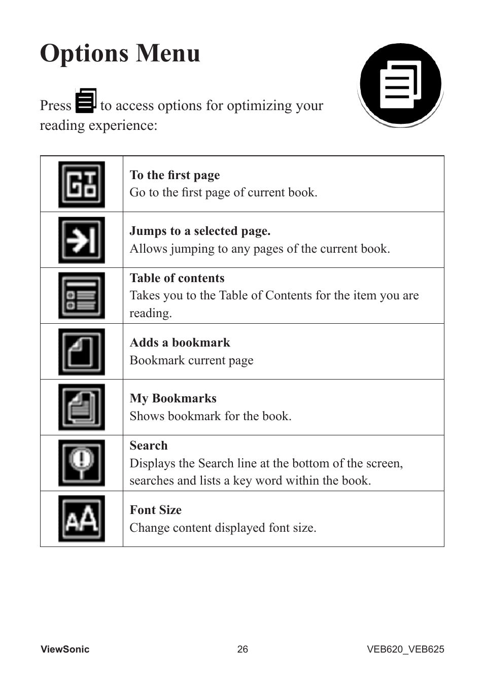 Options menu | VIEWSONIC EBOOK VS13394 User Manual | Page 28 / 49