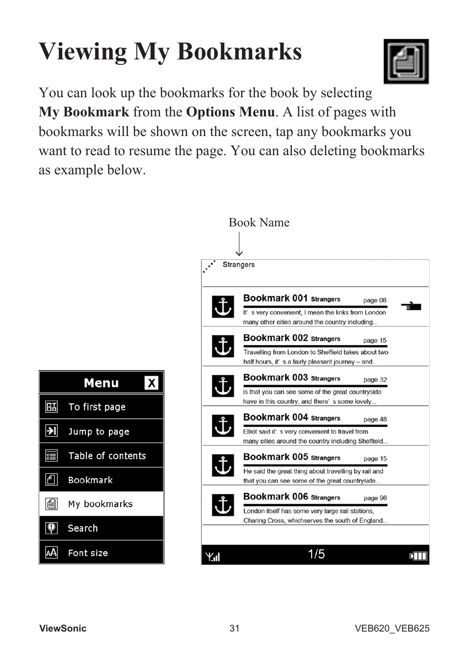 Viewing my bookmarks | VIEWSONIC EBOOK VS13394 User Manual | Page 33 / 49