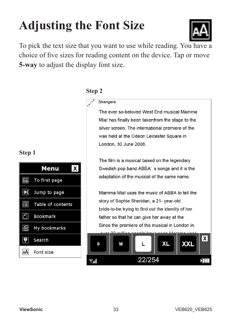 Adjusting the font size | VIEWSONIC EBOOK VS13394 User Manual | Page 35 / 49