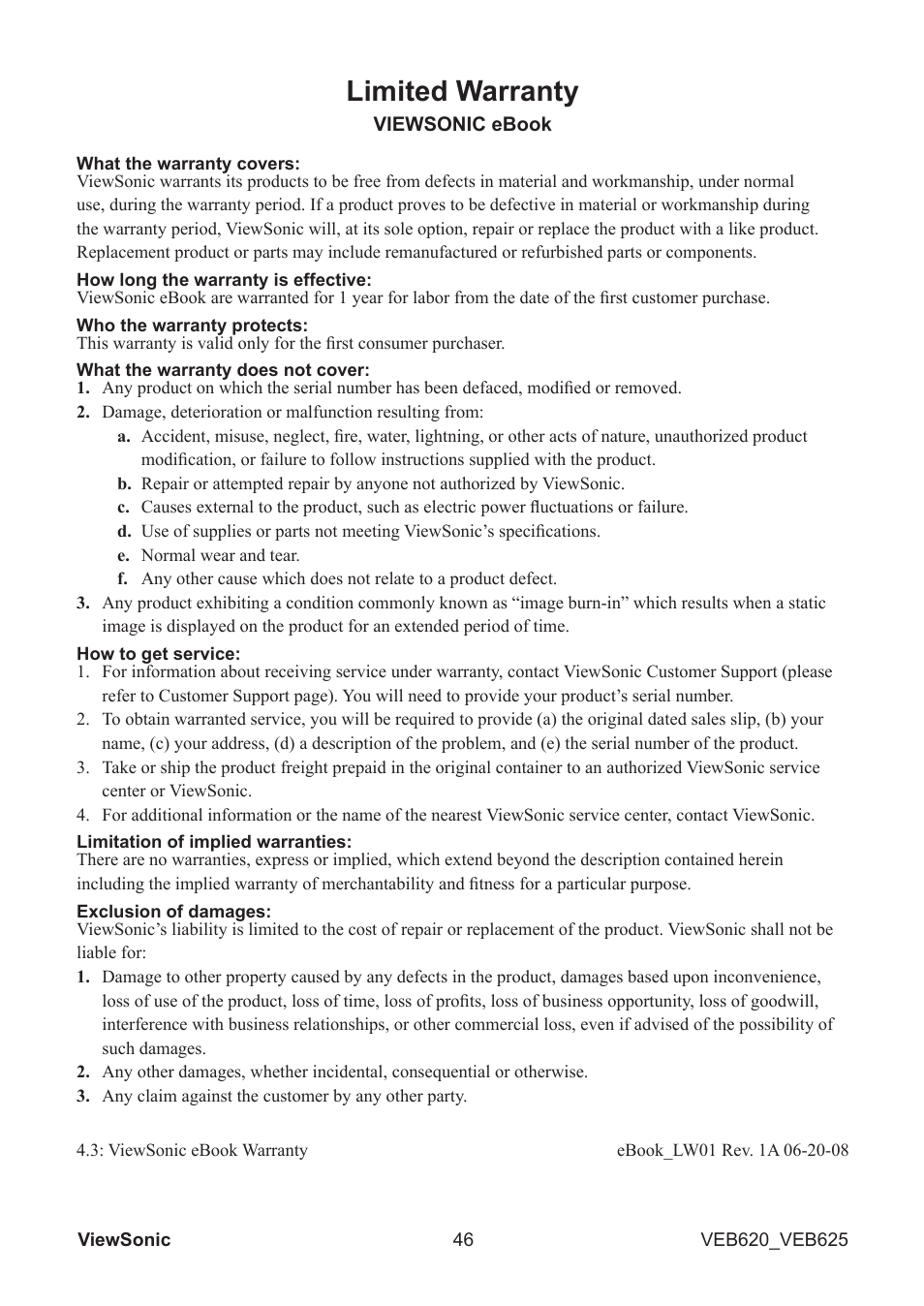 Limited warranty | VIEWSONIC EBOOK VS13394 User Manual | Page 48 / 49