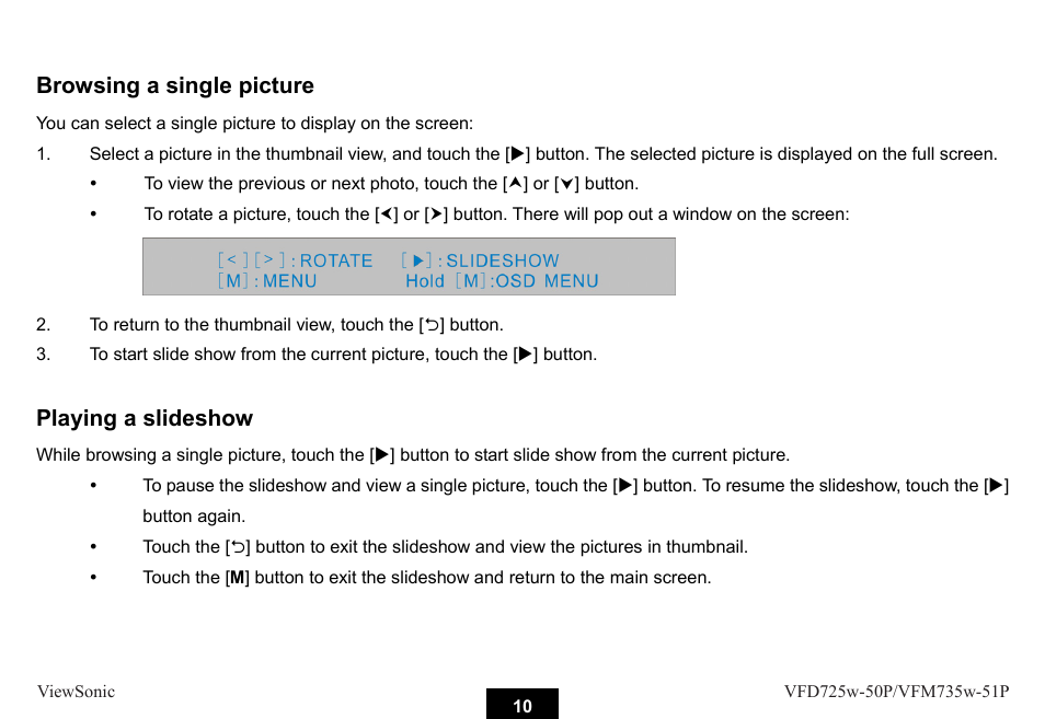 Browsing a single picture, Playing a slideshow | VIEWSONIC VFM735W-51P User Manual | Page 17 / 35